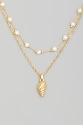 Conch Charm Pearl Beads Layered Necklace - Gold